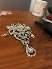 Large White Metal And Crystal Brooch