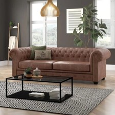 Haverly 3 Seater Brown Vegan Leather Sofa Bed Chesterfield  *BRAND NEW*