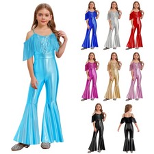 UK Girls Metallic Ruffle Flared Dance Jumpsuits Disco Costume Gymnastics Leotard