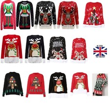 New Ladies Xmas Jumper Funny Novelty Girl Vintage Sweater Size Reindeer 3D Light