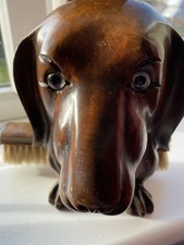 Antique Carved Black Forest Dachshund. Clothes Brush Glass Eyes Wall Hanging