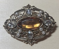 Vintage Avon Filigree Fantasy Amber Rhinestone Brooch Faux Pearl Accents Pin