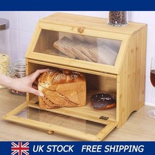 2 Tier Bamboo Bread Bin Double Layer Kitchen Storage Container Loaf Bread Box UK