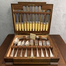 Vintage Wooden Cutlery Box with 45 Pieces Sheffield Made Cutlery 1950s/60s