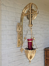 Antique French church Religious sanctuary lamp bronze glass wood wall