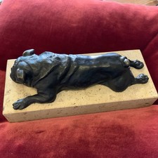 Bronze Signed Marble Based Lying Bull Dog Bulldog Figure Sculpture