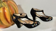 Miss L Fire Size 6 Embroidered & Beaded T-Strap Retro Heels Black Suede