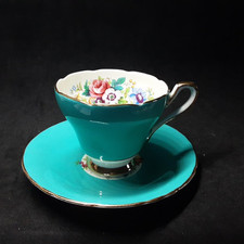 Sutherland H And M ,Cups And Saucers In Turquoise, Gold And Floral