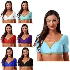 UK Womens Belly Dance Crop Top Gold Trim V Neck Short Sleeve Crop Blouse Costume