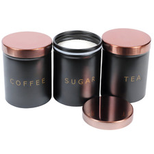 Rose Gold and Black Set of 3 Tea, Coffee, Sugar canisters Storage Container Set