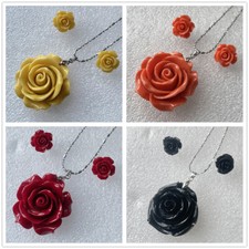 Beautiful! Coral Carved Flower 15mm Stud Earrings +35mm Pendant Necklace 18" Set