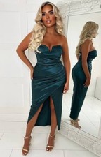 Pink Boutique UK 10 Dream Of You Green Satin Bandeau Wrap Padded Cups Midi Dress