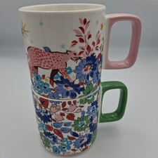 Cath Kidston Fearne Mugs Set Pair Floral Ditsy Leopard Jungle Pattern Pink Green
