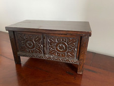 ANTIQUE 19TH C OAK APPRENTICE PIECE MINIATURE CARVED PANELLED COFFER CHEST