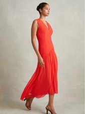 REISS Saffy Ruched Bodycon Midi Dress in Coral