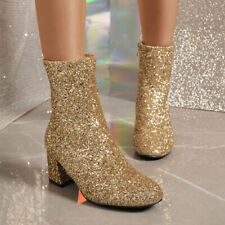 Womens Sequin Round Toe Glitter Ankle Riding Boots Low Block Heels Zip Shoes--