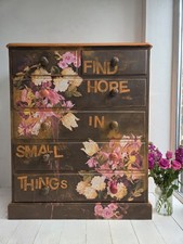 PAINTED CHEST OF DRAWERS upcycled Floral Decoupage Sideboard Brown Pink Pine 