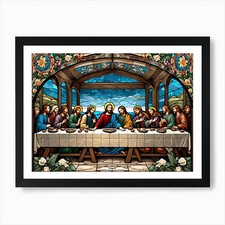 Jesus at the Last Supper Stained Gl Framed Wall Art Poster Canvas Print Picture