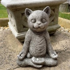 Meditating Cat Stone Garden Statue | Outdoor Animal Sculpture Kitten Ornament