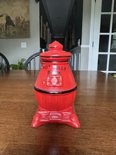 Vintage coin bank,  Red pot belly stove ceramic coin bank with stopper