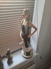 Art Deco 1920s statue , Large Tall Flapper girl with Greyhound , Ceramic .