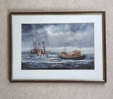 Wood Framed Print Fishing Boats Off Whitby By Marine Artist Jack Rigg H38 W51 cm
