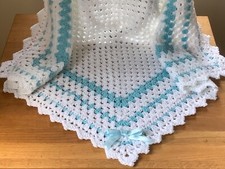 Crochet baby blanket. Handmade. White and blue. 100% to charity.