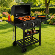 CHARCOAL BBQ GRILL STAINLESS STEEL BARBEQUE PORTABLE GARDEN SMOKER TROLLEY SHELF