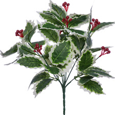 ARTIFICIAL SILK FLOWERS CHRISTMAS HOLLY BUNCH VARIEGATED LEAVES 