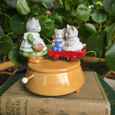 Vintage Schmid Kitty Cucumber Music Box Cerami & Wood Kitty Mom & Kittens