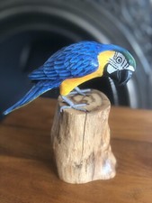 Wooden Blue Parrot Carved Macaw Bird Log 20cm