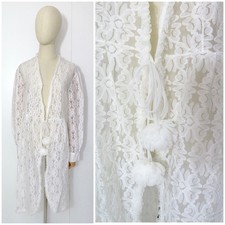 Vintage 1970s White Sheer Lace Floral Lingerie Night Wear Peignoir Robe Gown