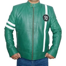 Men's New Bomber Biker Ben 10 Halloween Alien Swarm Cartoon Green Leather Jacket