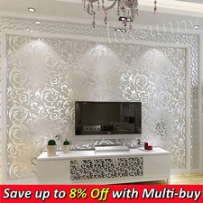 3D Glitter Silver Grey Damask Wallpaper Roll Metallic Textured Wall Paper Decor_