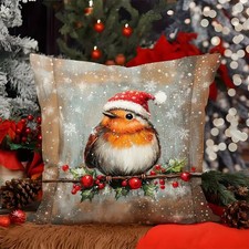 Christmas Robin Cushion Cover Festive Throw Pillowcase Xmas Decor 45cm x 45cm