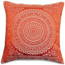 Orange Indian Mandala Cushion Covers Boho Art Silk ethnic Banarsi 40 x 40 cms