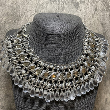 ZARA Clear Droplet Bib Necklace Silver Tone Chain Statement Festival Kitsch