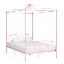 Canopy Bed Frame Pink Metal & Plywood 140x200cm Romantic Four-Poster Sturdy Slim