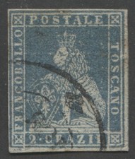 Stamp Scott 5 Sassone 2 2 Crazie Tuscany Marzocco Blue 1851 Used