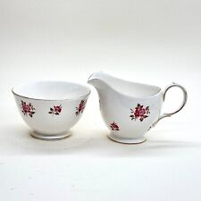 QUEEN ANNE BONE CHINA ENGLAND MILK JUG & SUGAR BOWL SET PINK ROSE FLORAL VINTAGE