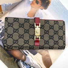 Auth Gucci Jackie GG Canvas x Leather Beige x Red 035.3661 Long Wallet NS091492