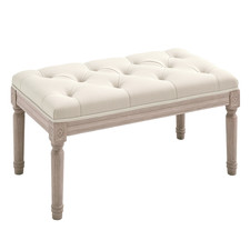 HOMCOM Accent Bench Tufted Upholstered Foot Stool Linen-Touch Ottoman Cream
