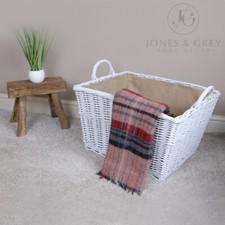 LARGE WHITE WICKER WILLOW STORAGE LAUNDRY LOG BASKET HANDLES LINER HESSIAN LINED