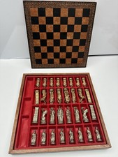 Vintage Italfama lovley Chess Set detailed Metal Pieces Embossed Leather Board 