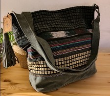 Fat Face Womens Lula Suede & Woven Slouchy Shoulder Bag Green BNWT