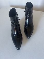 Miu Miu Patent Leather Boots 37.5 Ankle Booties Black 2' Heel Pointy Italy