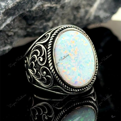 White opal gemstone - white, ring