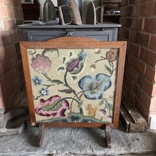 Antique  Oak Fire Screen with attractive tapestry 