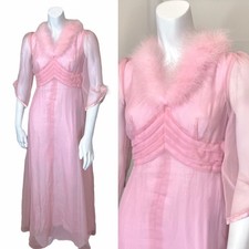 Vintage 60’s CHIFFON HOSTESS DRESS MARIBOU FEATHER S Pink Party Maxi Bridesmaid