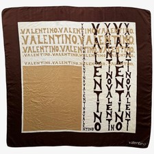 Vintage 90s Valentino Spell Out Brown Silk Scarf, Shawl Garavani Retro 80s